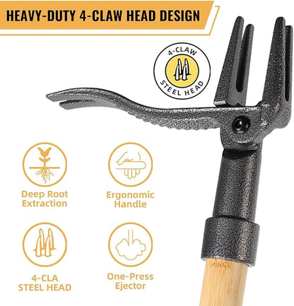 Weed Puller Tool, Stand Up Weed Remover Tool with Long Handle, 4-Claw Steel Head Manual Weeders, Gardening Hand Weeding Tools Without Bending, Pulling, or Kneeling