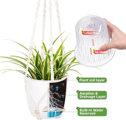2-Pack 7.1-Inch Self-Watering Orchid Hanging planterS for Indoor & Outdoor baskets,34Inch Macrame Hanger Plant Pots Indoor with Drainage,Small Hanging Planters,With Two Sets of Hooks（Pure white）