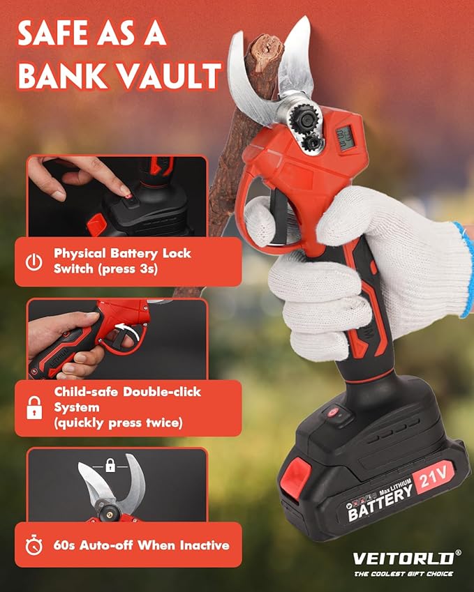 VEITORLD 20V Electric Pruning Shears, Garden Shears, 30mm 1.2'' Cutting Diameter Portable Cordless Branch Cutter Tree Trimmer with LCD Display＆Replaceable Blades (Included 2Pcs 2.0Ah Batteries)