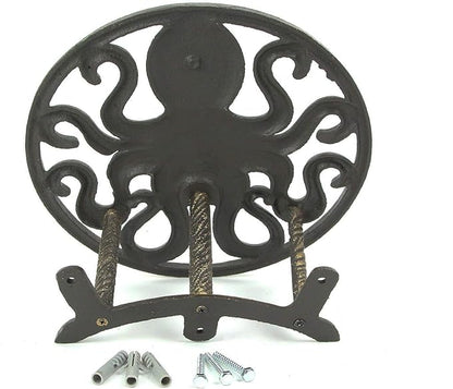 Cast Iron 12 inch Octopus Decorative Wall Mounted Hanging Garden Hose Hanger Bronze Finish - 125 ft Hose Holder Capacity - Nautical Sea Life Outdoor Décor
