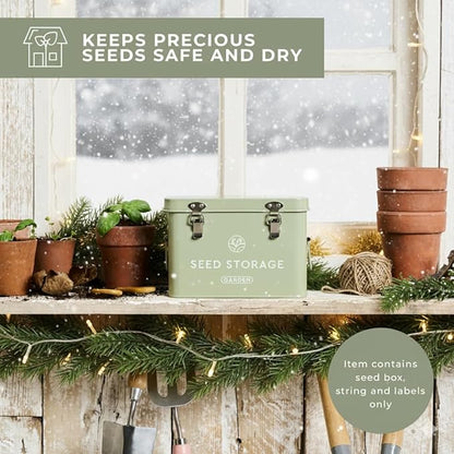 Seed Storage Box – Metal Seed Packet Organizer with Garden String and Bamboo Plant Labels. Seed Container Storage delivering complete Seed Saving Organization for every Garden Lover.