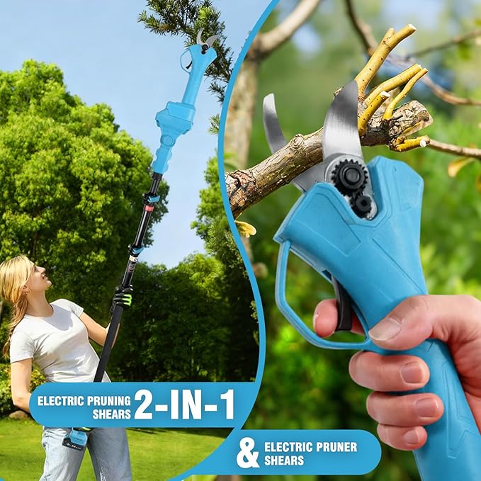 Brushless Electric Pruning Shears,15FT Telescoping Rod Pole Pruners for Tree Trimming, Electric Tree pruner Cutter with 2 * 21V 4000mAH Batteries, 1.2 Inch Cutting Diameter, with Replace Blade (Blue)