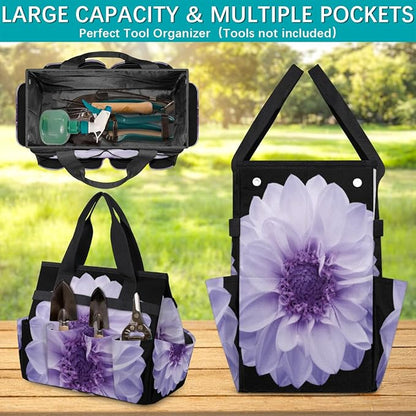 Purple Dahlia Garden Tool Bag Waterproof Gardening Tool Storage Bag with Handle & 10 Pockets Gardening Tote Bag for Women Garden Tool Organizer