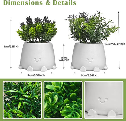 White Planters with Artificial Plants Set - 2Pack Smiley Face Plants Pot with Fake Plant, Faux Succulent Plant Pots for Bathroom/Kitchen/Sill/Office Home Decor, Gifts for Mom/Women