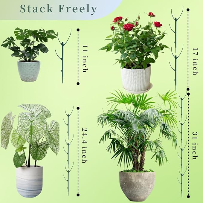 10 Pack Stackable Monstera Plant Support Stakes, 75inch Climbing Garden Plant Support Sticks Structures with 20pcs Clips & Ties, for Indoor Outdoor Plants Alternative to Moss Pole