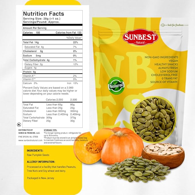 Sunbest Natural Raw Pumpkin Seeds, 2 lbs – Unsalted & Shelled – Whole Pepitas, Pumpkin Seeds to Eat – Great for Snacking, Baking & Topping – Rich in Essential Fatty Acids, Iron & Protein (32 oz)