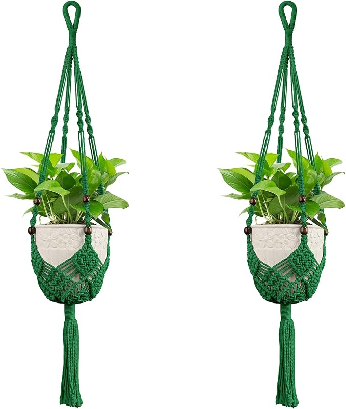 USLAI Macrame Plant Hanger for Indoor Outdoor, Up to 3-6.5 inch Pot, Hanging Planter Flower Pot Holder with Beads and Tassels, Boho Home Decor, 2-Pack, Green