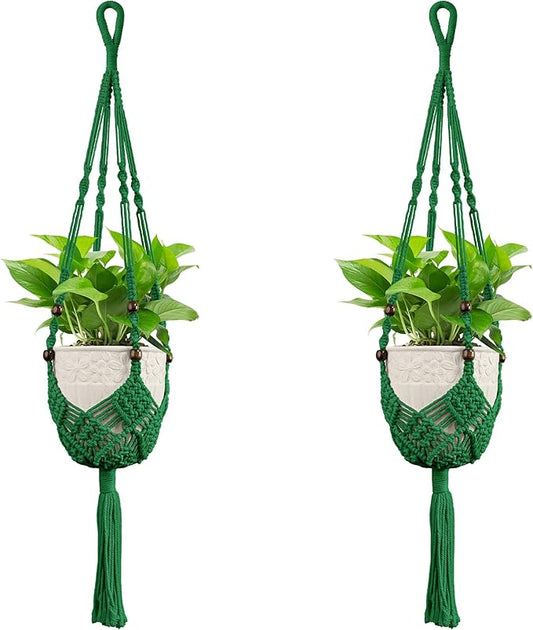 USLAI Macrame Plant Hanger for Indoor Outdoor, Up to 3-6.5 inch Pot, Hanging Planter Flower Pot Holder with Beads and Tassels, Boho Home Decor, 2-Pack, Green