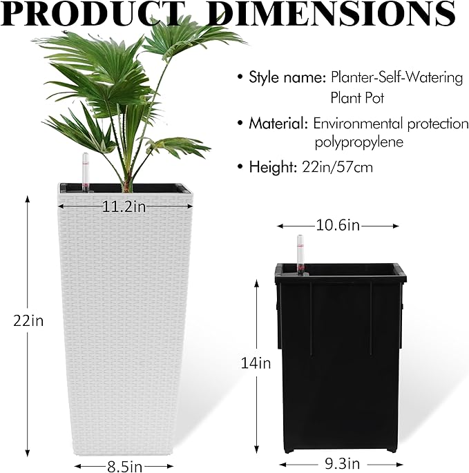 23in Tall Planter Set of 2, Large Self Watering Pots for Indoor/Outdoor Plants with Drain Holes, Water Level Monitor, Inner Bucket for Front Porch Patio, White Rattan