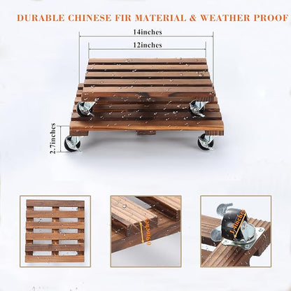 2 Pack Plant Caddy with Wheels, 14" + 12" Rolling Plant Stand 264 LBS Heavy Duty Wooden Square Plant Dolly with Metal 360° Lockable Caster Wheels for Outdoor Indoor Large Plant Pots, Flower Pot, Patio