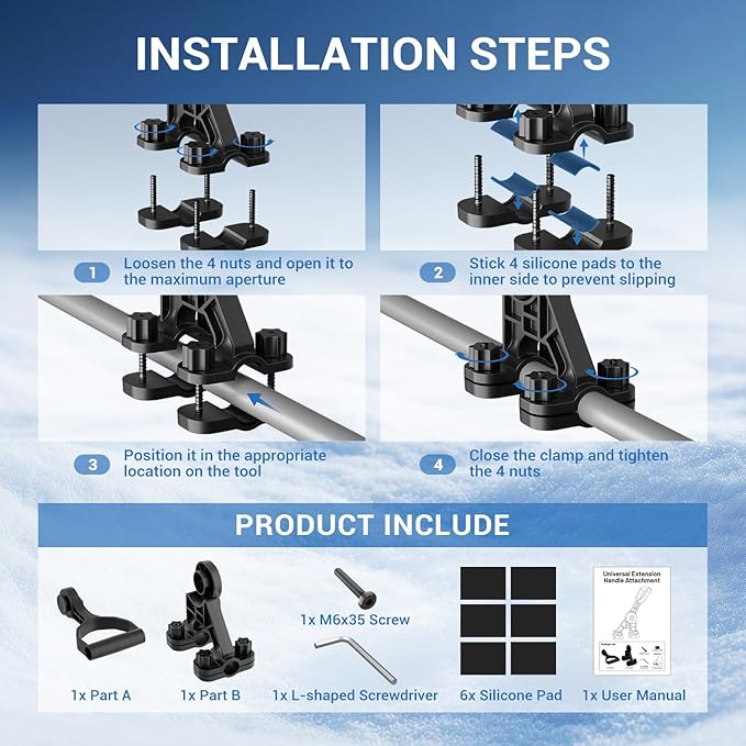 Universal Extension Shovel Handle, 5-Angle Adjustable Back Saver Attachment, ABS-GF Secondary Handle for Snow Shovel/Weedeater/String Trimmer/Rake & More Gardening Yard Tools Gifts for Men