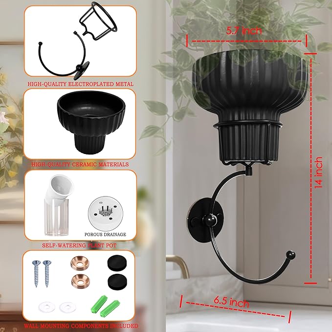 Hanging Plant Wall Vessel for Flowers with Hook, Indoor Outdoor Boho Bathroom Decor Wall Art Planter Mounted Vase (Black)