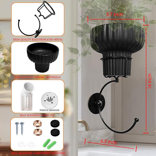 Hanging Plant Wall Vessel for Flowers with Hook, Indoor Outdoor Boho Bathroom Decor Wall Art Planter Mounted Vase (Black)