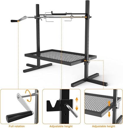 onlyfire Adjustable Grill Rotisserie System and Spit, Over Fire Camp Grill with Cooking Grate for Outdoor Open Flame Cooking