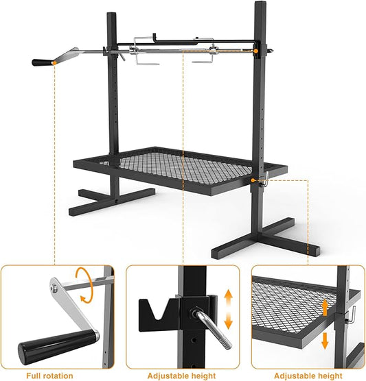 onlyfire Adjustable Grill Rotisserie System and Spit, Over Fire Camp Grill with Cooking Grate for Outdoor Open Flame Cooking