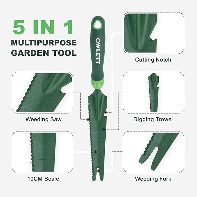 Hand Weed Puller Tool, 5-in-1 Multipurpose Garden Trowel with Soft Handle, Weeding Tool with Serrated Edges Measuring Scale for Easy Weeder Removal, Planting, Transplanting, Digging, Cutting