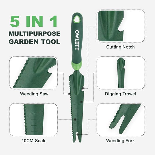 Hand Weed Puller Tool, 5-in-1 Multipurpose Garden Trowel with Soft Handle, Weeding Tool with Serrated Edges Measuring Scale for Easy Weeder Removal, Planting, Transplanting, Digging, Cutting
