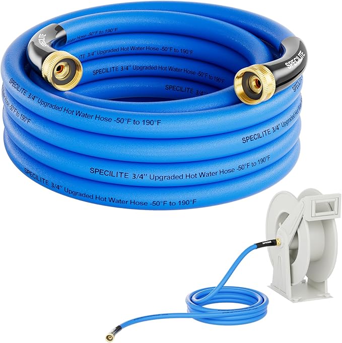 SPECILITE Female to Female Hot/Cold Garden Water Hose 20 ft x 3/4 Inch for Hose Reel, -50℉To 190℉, Heavy Duty, Flexible, Burst 605 Psi, Rubber Extension Pipe with 3/4" Brass Fittings