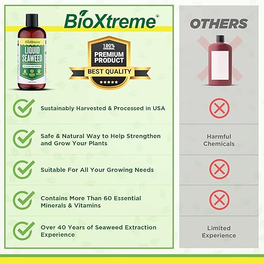 Liquid Seaweed Premium Concentrate - All Natural Kelp Fertilizer - Enhances Plant & Flower Growth + Seed Germination & Root Development - 16 Oz