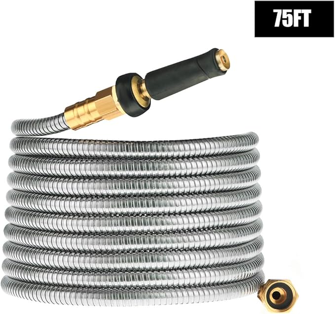 Expandable Metal Garden Hose 75 FT - 304 Stainless Steel Water Hose 75 FT - Heavy Duty non Kinking Flexible Garden Hose, no Bite