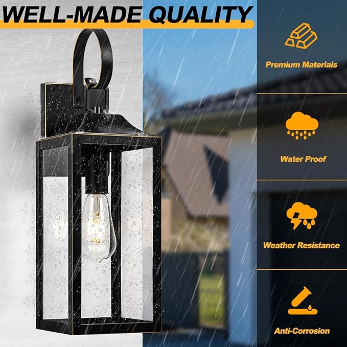 Large Dusk to Dawn Outdoor Wall Light, 19" Black Outside Farmhouse Wall Sconce, Industrial Wall Mount Light Fixture, Waterproof Modern Porch Lighting Exterior Lamp for House -with Gold Trim