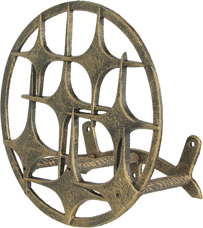 Bronze Finish Cast Iron MCM Stars Wall Mounted Hose Holder - Stylish Mid-Century Modern Garden Decor Solution - 11.5 Inches in Diameter, Weather-Resistant
