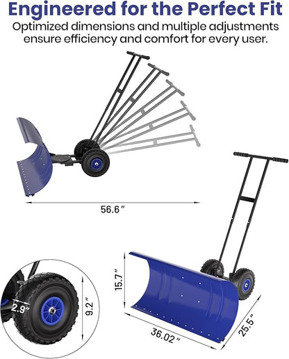 36” Snow Shovel for Driveway,Heavy Duty Wheeled Rolling Shovels 5 Position Angled Blade, Ergonomic Handle & Rubber Wheels for Efficient Snow Removal, Snow Plow for Doorway,Driveway and Sidewalks