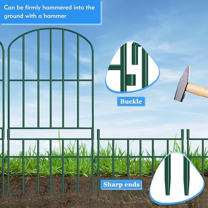 Adavin Animal Barrier Garden Fence,10 Pack Green 12''L x 25" H no dig Fence, Underground dig Protection for Dog Rabbits Rustproof Metal Wire Panel Border, 10 ft Ground Stakes for Outdoor Patio