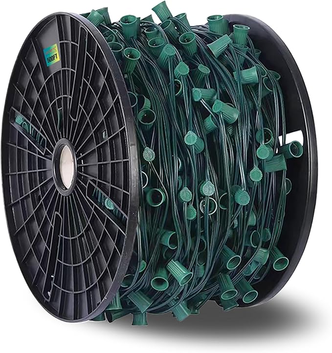 LUCKY TL 500 FT C9/E17 Christmas Light Sockets Spool Set, Green SPT-1 Wire, 12 Inch Spacing, C9 Outdoor String Lights, UL Listed
