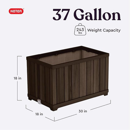 Keter Signature 21.7 Inch Tall Rectangular Large Wood Look Planter for Indoor or Outdoor Flower Pot Ideal for Patio Deck and Front Porch Decor, Rosewood