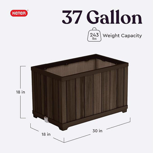 Keter Signature 21.7 Inch Tall Rectangular Large Wood Look Planter for Indoor or Outdoor Flower Pot Ideal for Patio Deck and Front Porch Decor, Rosewood