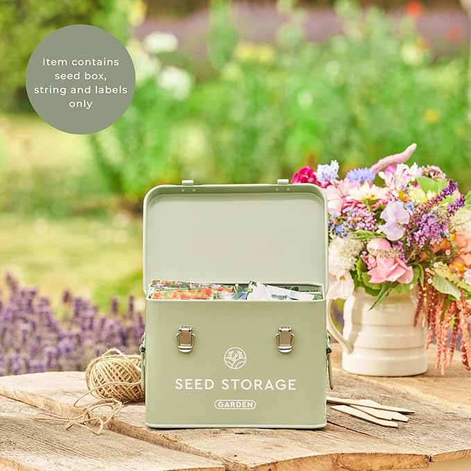 Seed Storage Box – Metal Seed Packet Organizer with Garden String and Bamboo Plant Labels. Seed Container Storage delivering complete Seed Saving Organization for every Garden Lover.