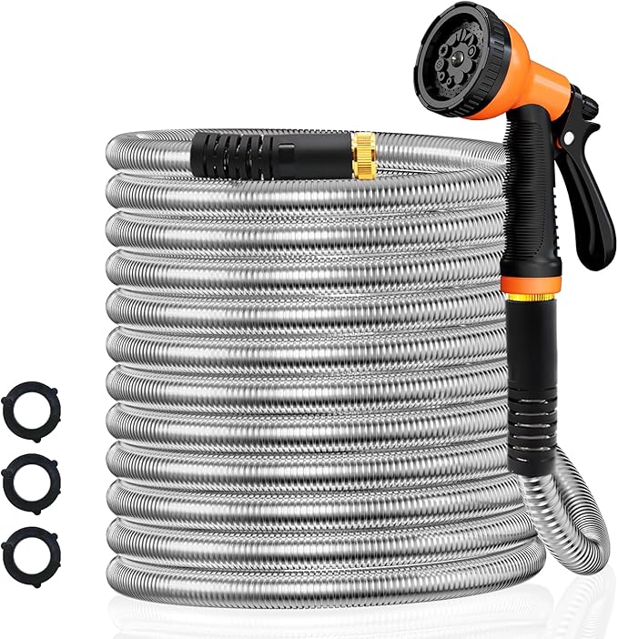 Garden Hose 75FT Stainless Steel Water Hose with 10 Functions Adjustable Spray Nozzle, Heavy-Duty Metal Garden Hose Flexible Durable No-Tangle & Kink Leak Dog Proof Hose for Yard Lawn(Orange)