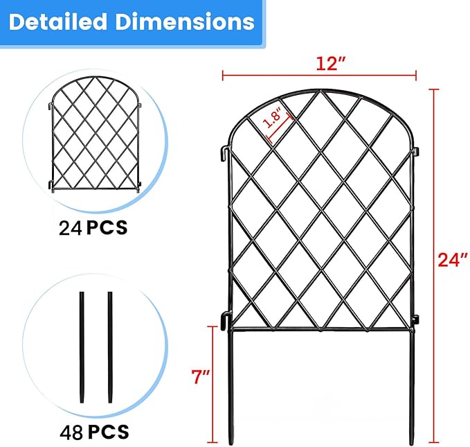 Decorative Garden Fence 24 Pack,24 Ft (L) X 24 in (H) Black Mesh Rustproof Metal Fence, Animal Barrier Fence for Small Dog, Border Folding Patio Fences,Outdoor Flower Bed Landscape Decor