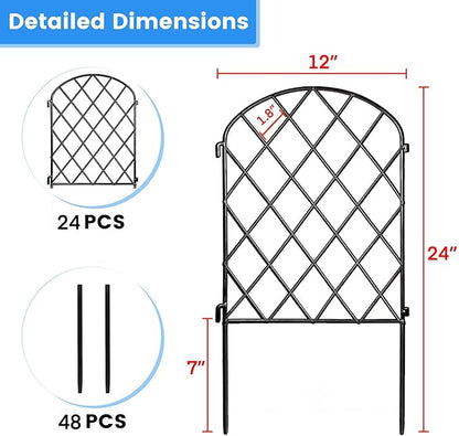 Decorative Garden Fence 24 Pack,24 Ft (L) X 24 in (H) Black Mesh Rustproof Metal Fence, Animal Barrier Fence for Small Dog, Border Folding Patio Fences,Outdoor Flower Bed Landscape Decor