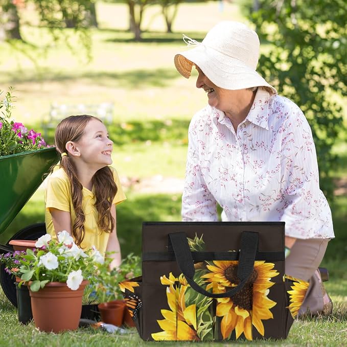 Butterfly Sunflower Funny Garden Tool Bag Waterproof Gardening Tool Storage Bag with Handle & 10 Pockets Gardening Tote Bag for Women Garden Tool Organizer