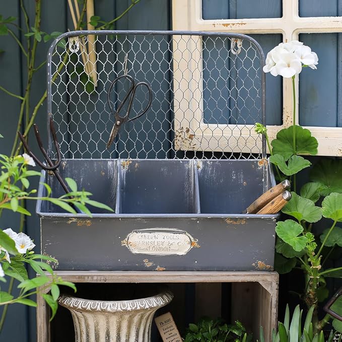 Vintage Metal Hanging Flower Pot Rustic Wall Mounted Planter with 3 Compartment Farmhouse Plants Holder Succulents Tubs for Garden Railing Fence Patio Yard Outdoor Decor Blue