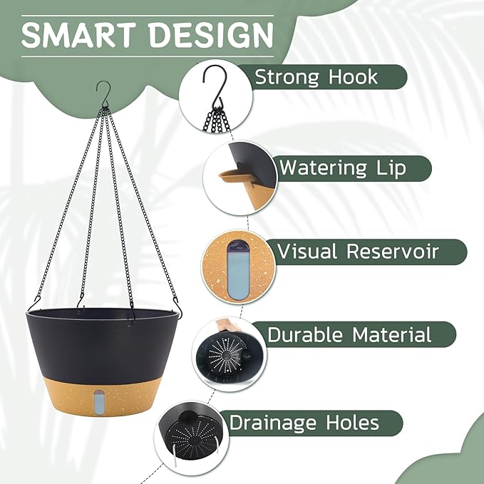 ZMTECH 12 Inch Large Hanging Planters for Outdoor Plants, Self Watering Hanging Planter with Visual Reservoir, Hanging Baskets for Plants Indoor with Drainage Hole and Plant Hanger(1 Pack, Gray)