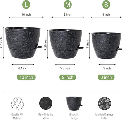10/9/8 inch Self Watering Pots, Set of 3 Plastic Planters with Mesh Drainage Holes and Deep Reservoir for Indoor Outdoor Garden Plants and Flowers, Black Speckles