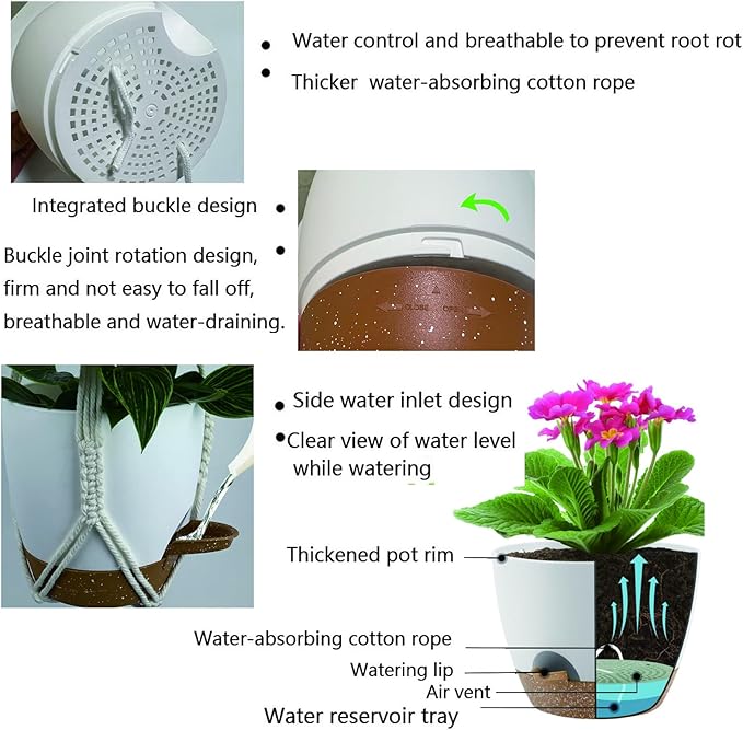 Hanging Planters with Macrame Plant Hangers for Indoor Outdoor Plants,3 Set Hanging Baskets Flower Pots Holders 35‘’/27‘’/21‘’,Self-Watering Pots 7‘’/6‘’/5.5‘’,Boho Home Decor (White)