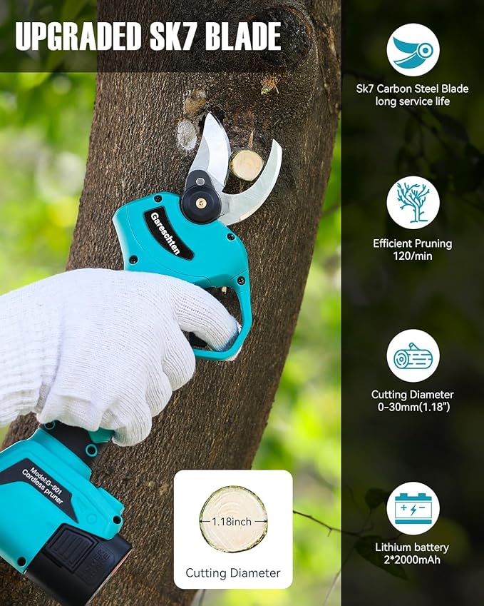 G-901 Electric Pruning Shears Cordless Pruner Shears Brushless, 2 * 2000mAh Battery Pruning Shears with Replacement Blade, 1.4 Inch Cutting Capacuty for Tree Trimming Branch Cutter