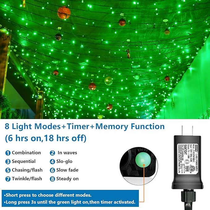 YEGUO 165ft 500 LED Christmas Lights Outdoor Waterproof, 8 Modes Green String Lights Plug in, Twinkle Christmas Tree Lights Indoor with Timer Memory