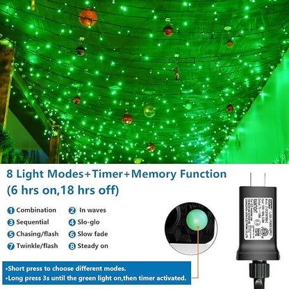 YEGUO 165ft 500 LED Christmas Lights Outdoor Waterproof, 8 Modes Green String Lights Plug in, Twinkle Christmas Tree Lights Indoor with Timer Memory