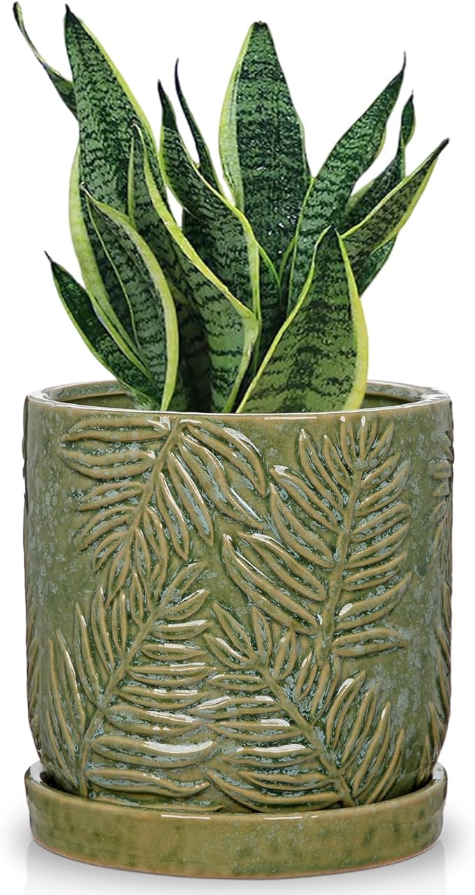 5.5 Inch Ceramic Planter Pots with Drainage Holes, Saucers for Indoor-Outdoor Plants, Succulent Orchid Flower Large Round Plant Pot Green