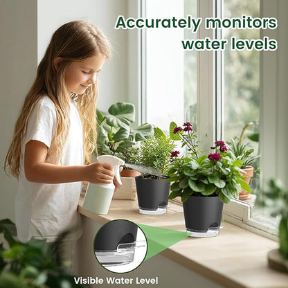 4 inch Self Watering Pots for Indoor Plants, 5 Pack Small Flower Plant Pots with Drainage Holes and Clear Reservoirs, Visible Water Level, Plastic Planters with Wicking Rope, Black
