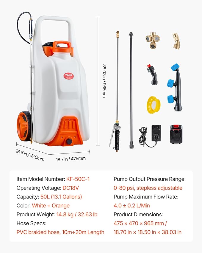 VEVOR 13.1 Gallon Battery Powered Sprayer with Wheels, Adjustable 0-80 PSI, 5 Nozzles and 98ft Hose Included, Orange