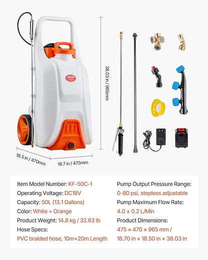 VEVOR 13.1 Gallon Battery Powered Sprayer with Wheels, Adjustable 0-80 PSI, 5 Nozzles and 98ft Hose Included, Orange