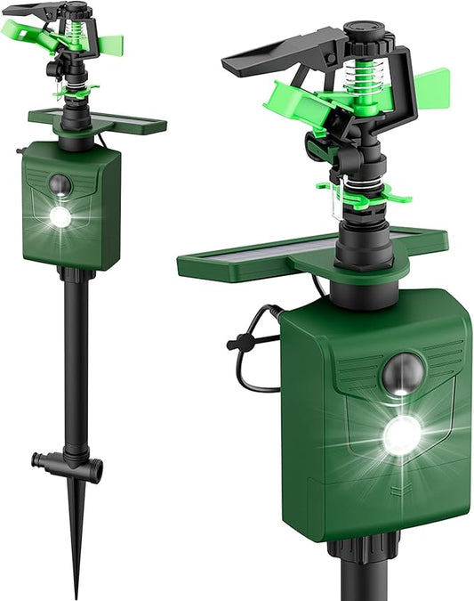 Motion Activated Sprinkler Deer Repellent Devices with Flashing Light, Solar Powerd Cat Repellent Outdoor with Motion Sensor - Keep Rabbits Shunks Dog Raccoons Birds Away from Lawn and Garden