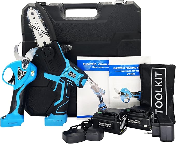 SUCA Electric Pruning Shears Pruning Shears Pruning Shears Tree Pruner Branch Cutter Pruners for Gardening with 2pcs 2Ah Lithium Battery 4-7 Working Hours Tree Branch Pruner (blue28mm+chainsaw)