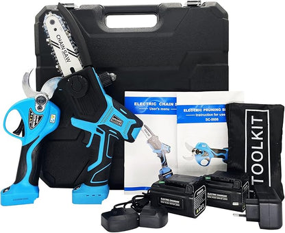 SUCA Electric Pruning Shears Pruning Shears Pruning Shears Tree Pruner Branch Cutter Pruners for Gardening with 2pcs 2Ah Lithium Battery 4-7 Working Hours Tree Branch Pruner (blue28mm+chainsaw)